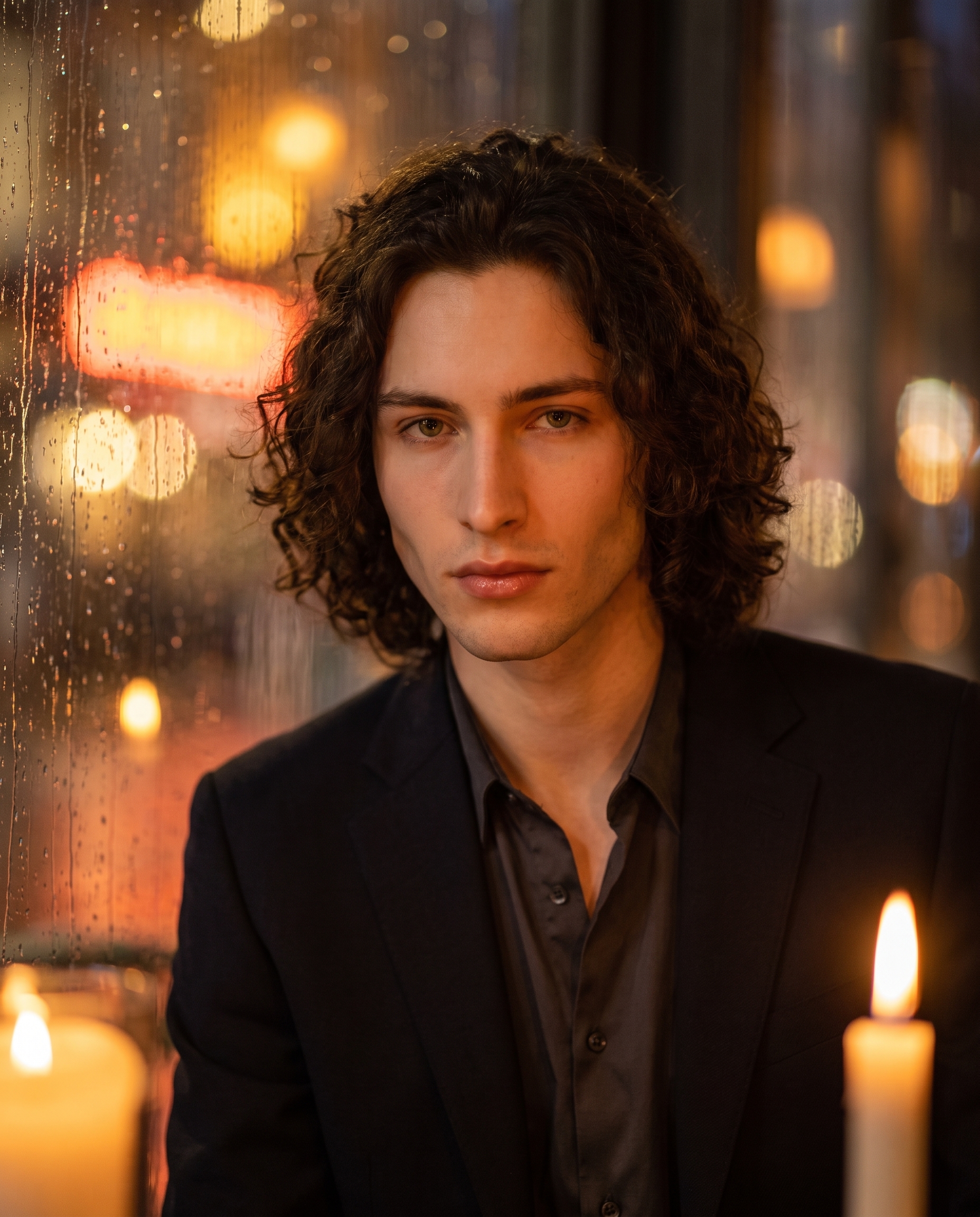Night café window portrait — warm bokeh against rainy glass