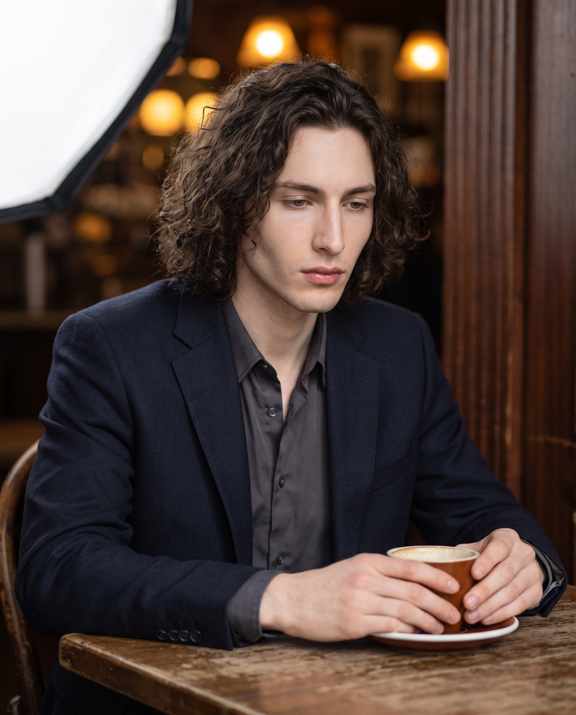 Éclairage Softbox + 135mm Compression : Un Éditorial de Portrait d'un Café Sombre