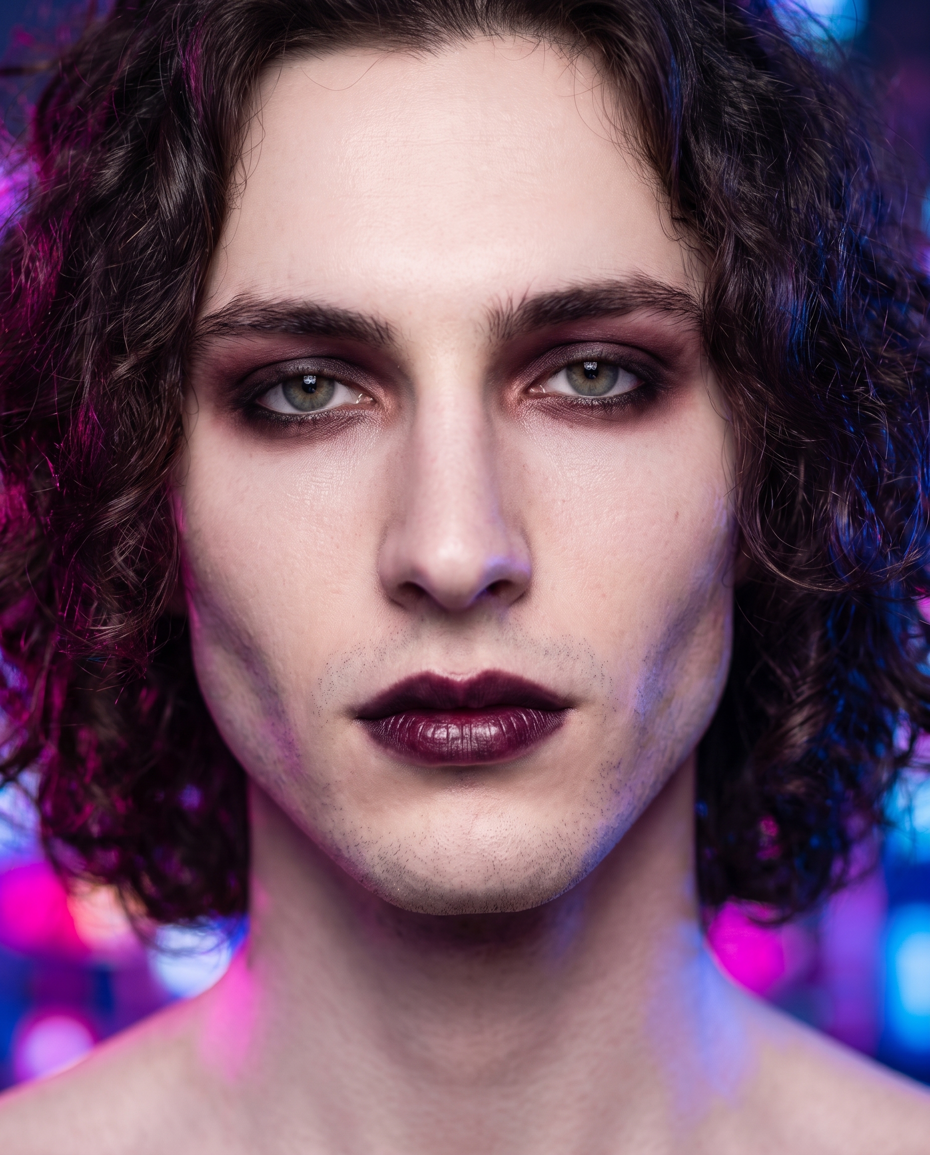 Vampy Plum Beauty Portrait Against Neon City Night