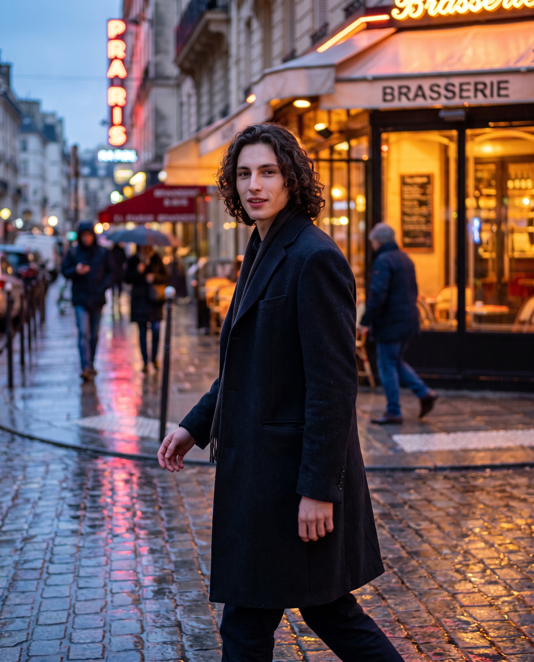 Urban street documentary portrait — Canon EOS R5 Mark II, Paris dusk
