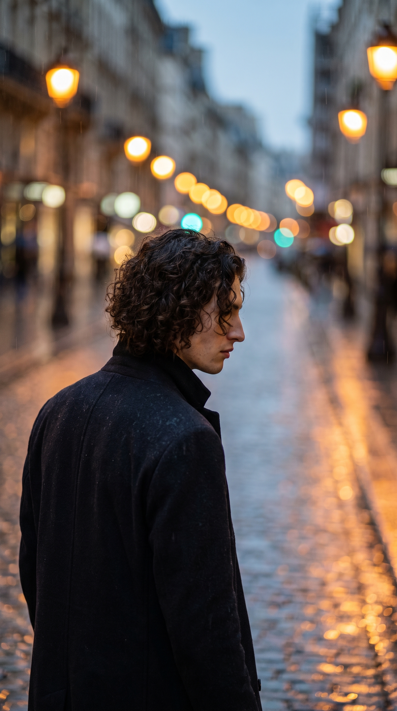 Over-the-shoulder cinematic street scene with dreamy bokeh isolation