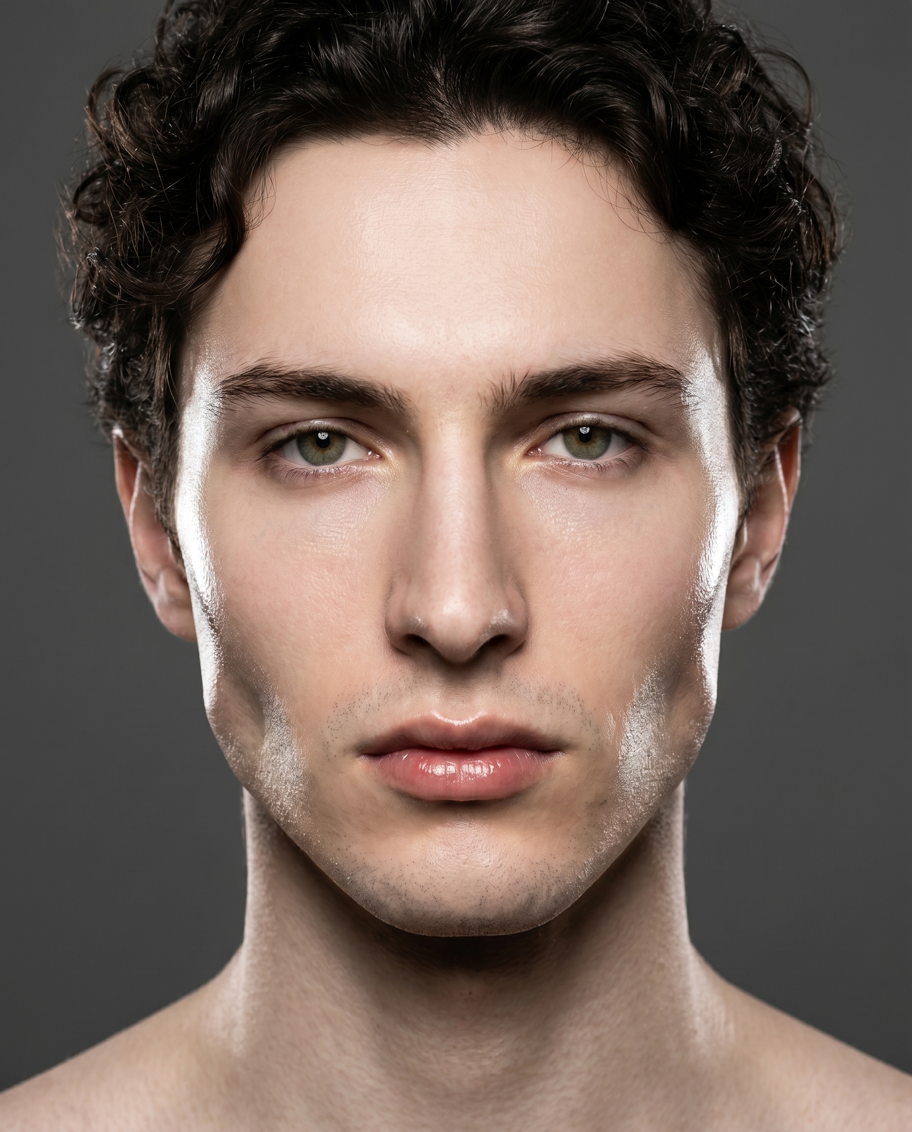 Un retrato de campaña de belleza brillante con textura de piel dramática y brillo de moda