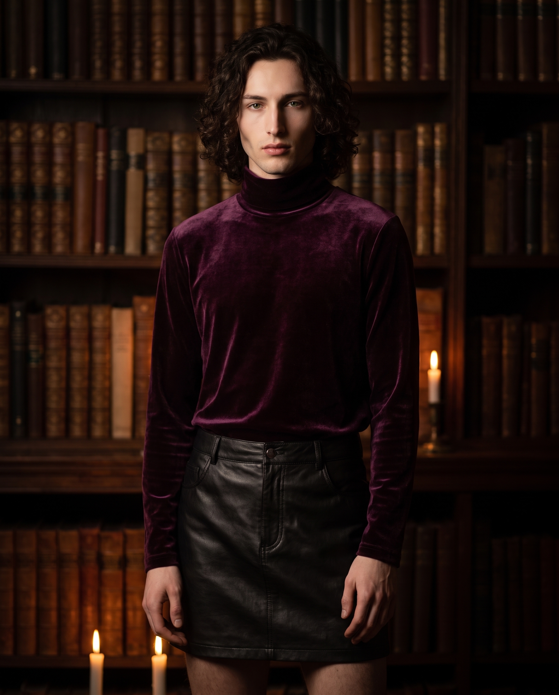 Gothic Luxe editorial — 135mm fashion compression in a candlelit library