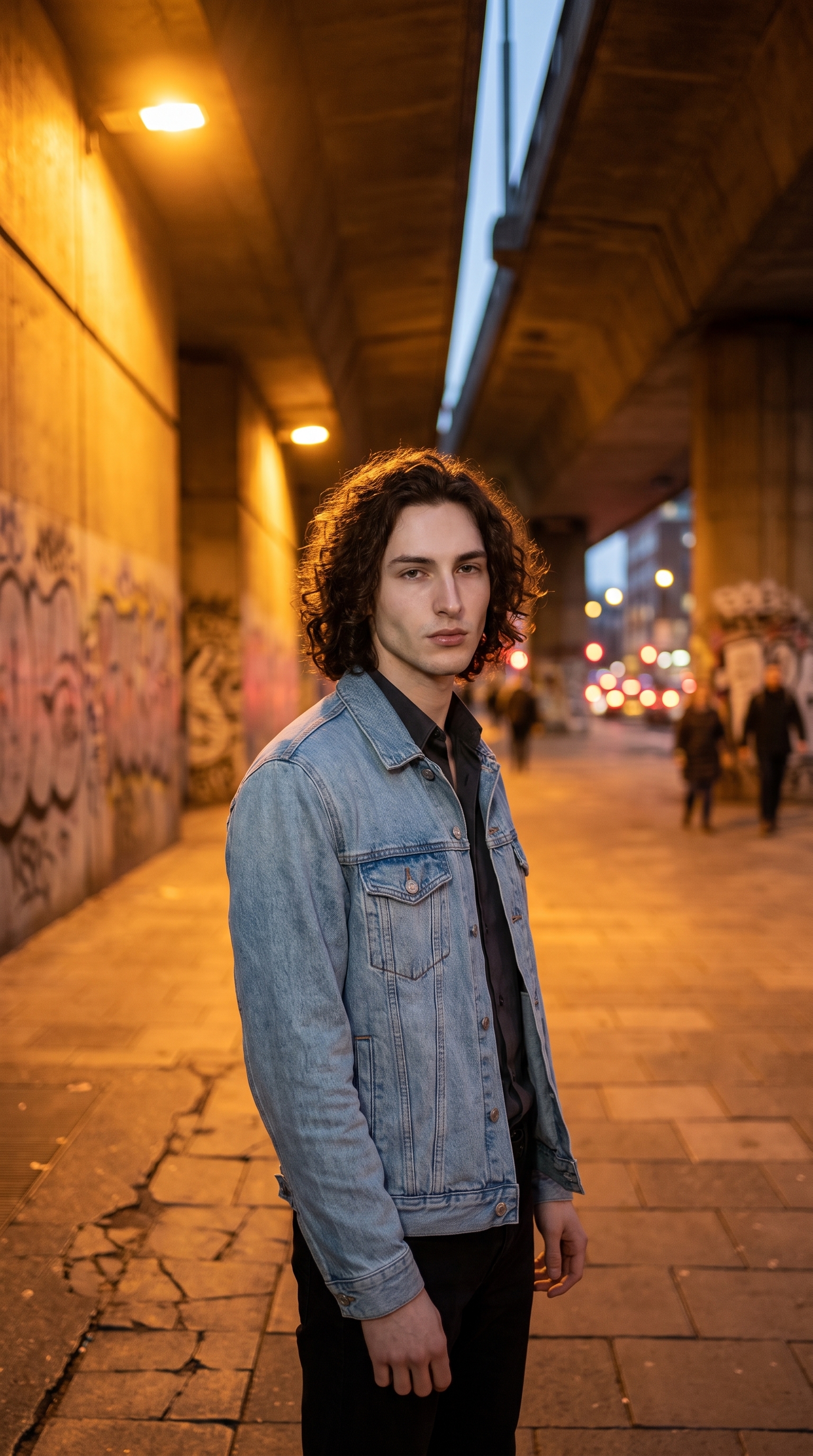 28mm éditorial urbain : portrait lifestyle grand angle dans un passage brutaliste