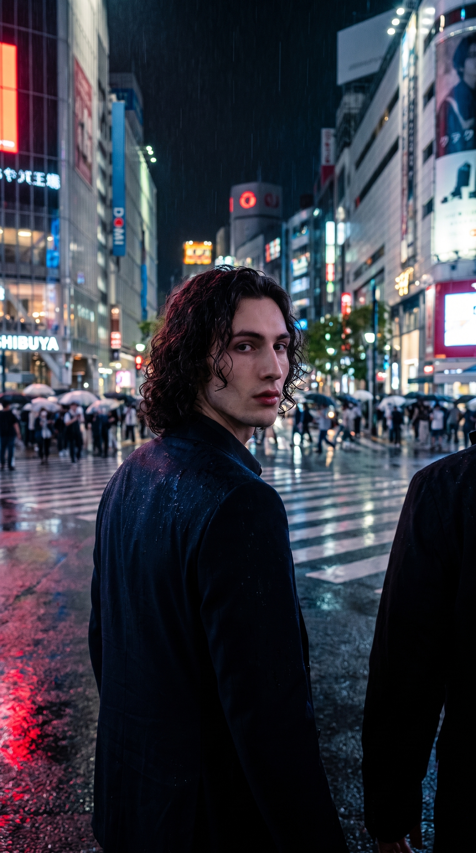 Over-the-Shoulder Dialogue at a Neon-Lit Tokyo Crossing